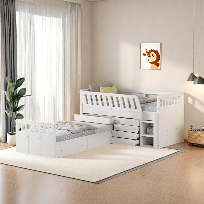 Low L-shaped Bunk Bed With Storage, White