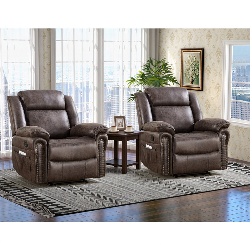 Fauteuil inclinable manuel vintage en cuir végétalien souple de 96 cm de large avec rivet et poche latérale (ensemble de 2)