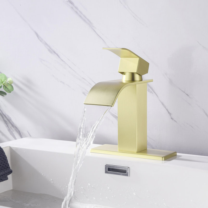 Robinet pour salle de bain à poignée simple Waterfall Spout, acier inoxydable avec robinet à finition or brossé, Or brossé