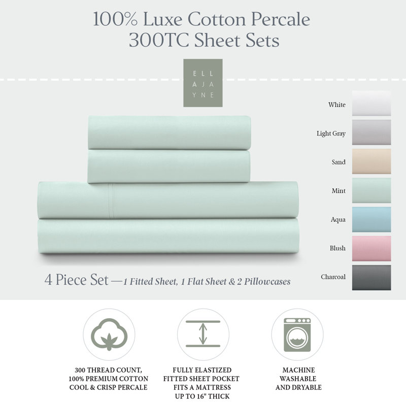  100% Cotton Percale Crisp and Cool Sheet Set (4 PC.), King, Mint