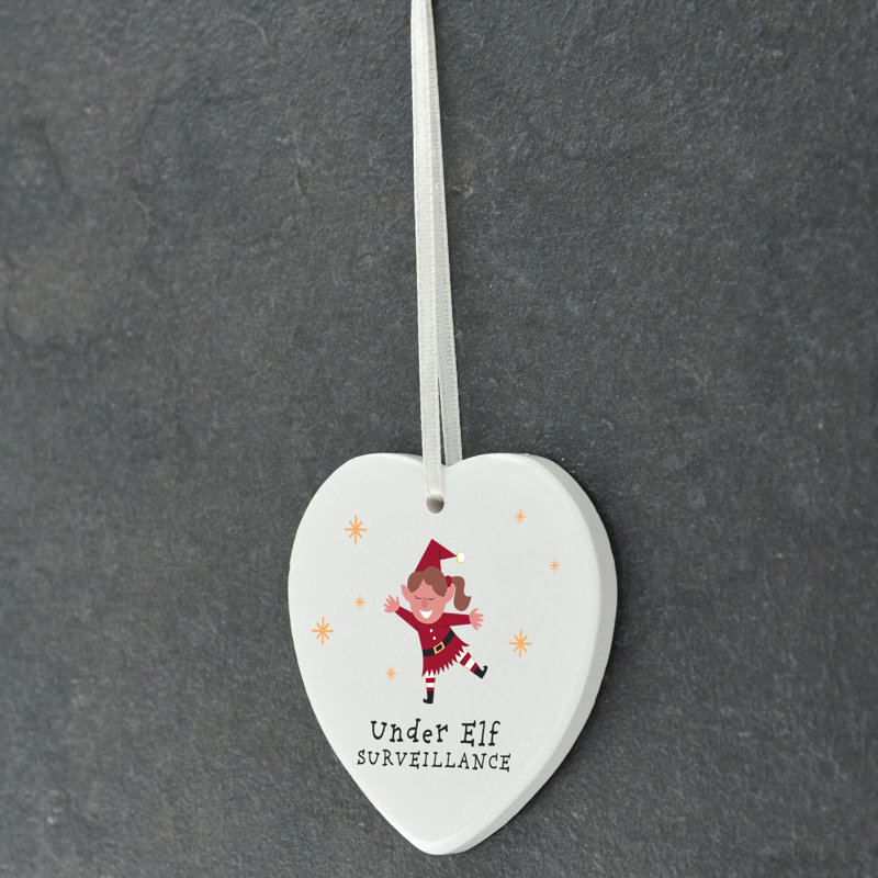 Xmas Under Elf Surveillance Heart Shaped Ceramic Ornament