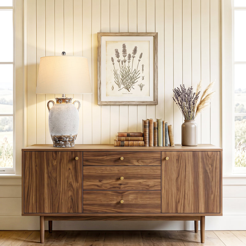 Lampe de table 26 po en céramique patinée avec abat-jour en lin beige, finition crème et brune