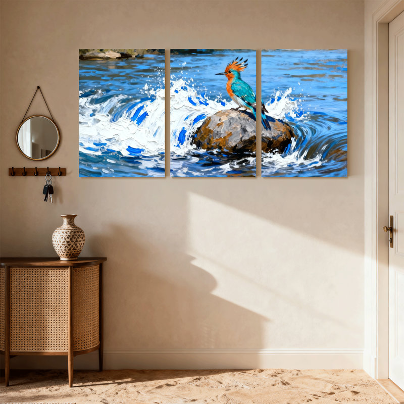 «Birds Colorful Bird On Rock In Water Splash», ensemble de 3 impressions sur toile, H 18 po x l 36 po
