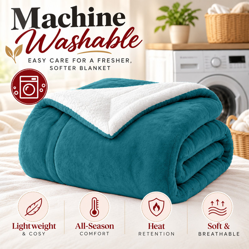 Jeté réversible en molleton Sherpa - Microplush ultra doux, chaleur toutes saisons, lavable à la machine, Teal
