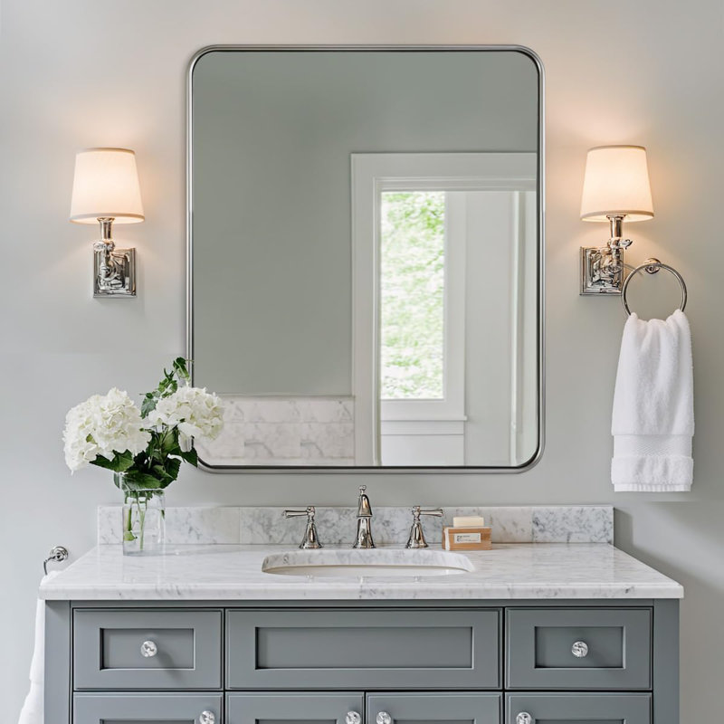 Contemporary Rounded Rectangular Bathroom Vanity Mirror| Aluminum U-Tube Frame, Brushed Nickel, 36" x 30"