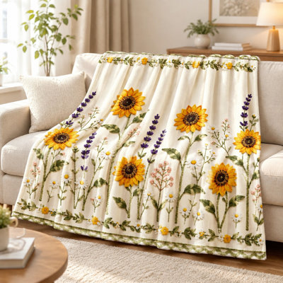 Sunflower and Lavender Embroidered Plush Throw Blanket, Bohemian Floral Soft Cozy Fleece Blanket for Sofa Couch Bedroom Living Room Home Decor