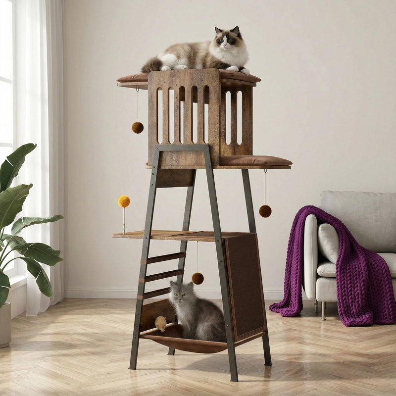 Arbre à chat à niveaux multiples de 58 po avec planche à gratter et hamac, tour à chat moderne avec grand perchoir et coussins amovibles pour chats d'intérieur, noyer