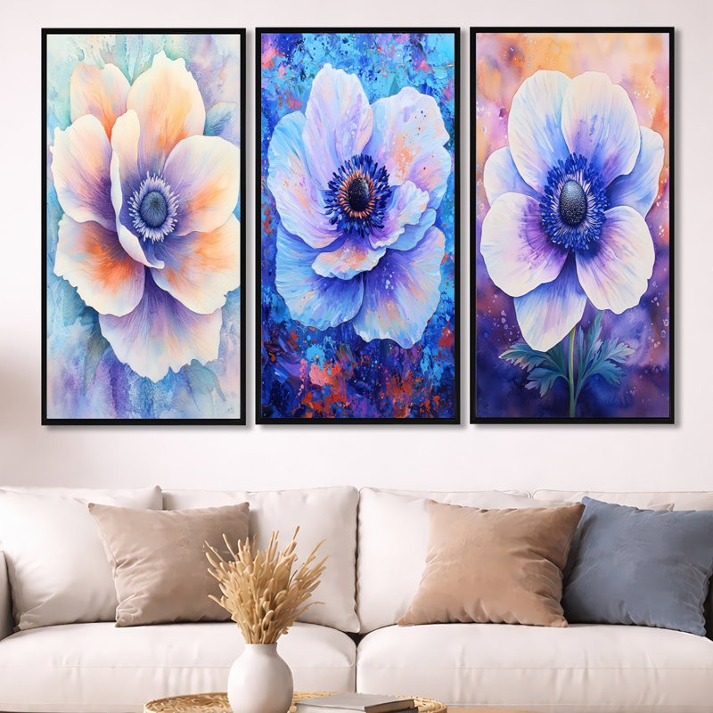 «Aqua Shimmering Serenade of Anemone - Purple Poppies», reproduction sur toile encadrée 3 pièces, 32" H x 48" W