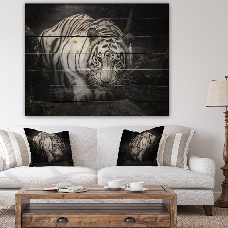 Tigre blanc animal - reproduction de photo, H 30 po x l 40 po x P 1,5 po, Bois