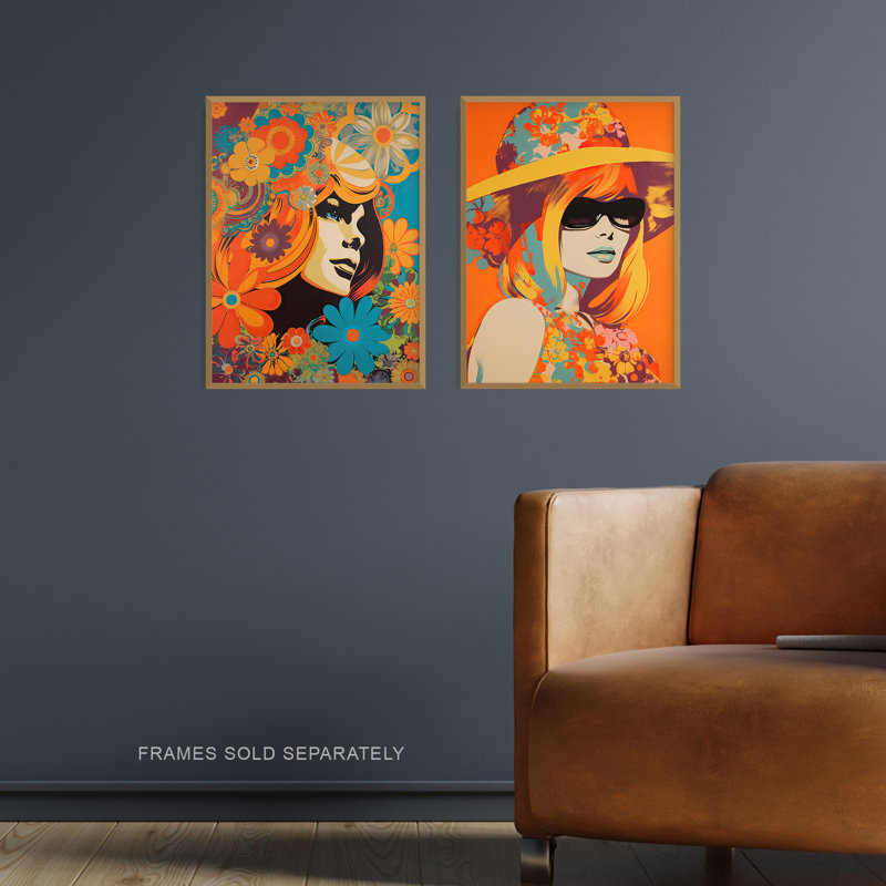 1960 1970 Fashion Floral Colourful Bright Vibrant Women 2 Piece Wall Art