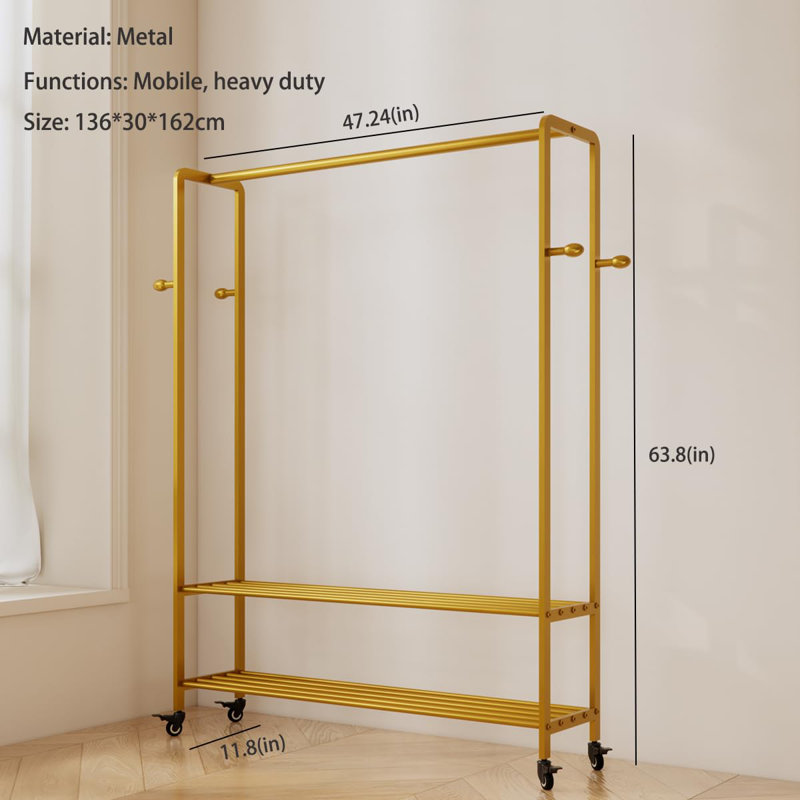 Gold Rolling Garment Rack with Shelves and Hooks,Freestanding Modern Clothing Rack with Wheels,Large Clothes Hanging Rack for Bedroom,Closet,Entryway,Wardrobe,Boutique Display
