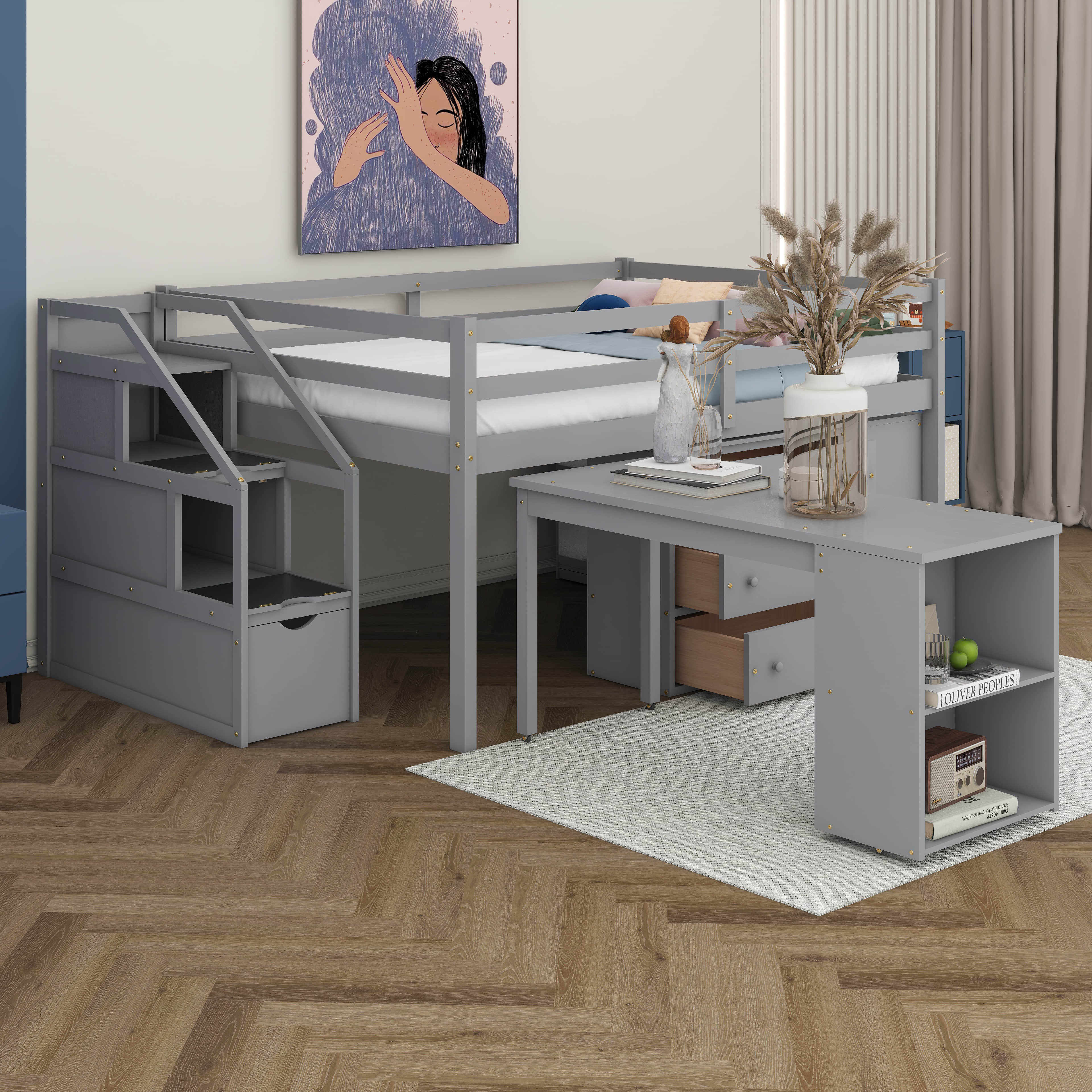Latitude Run® Full Size Low Loft Bed With Retractable Writing Desk And ...