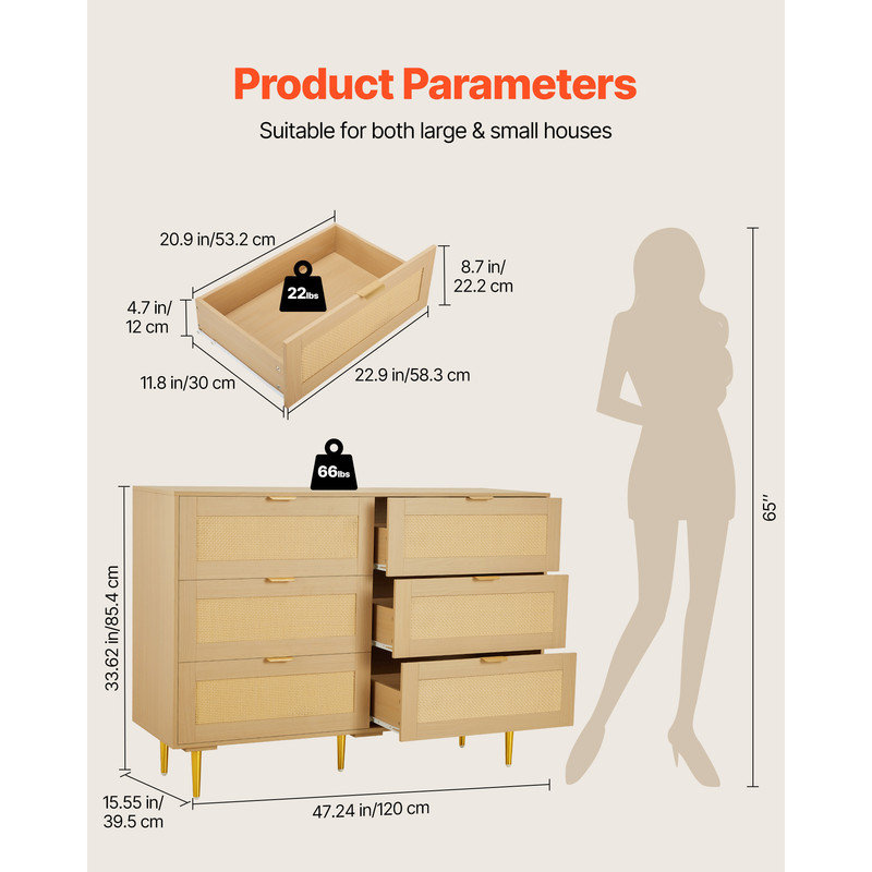 Commode 52,5 "en bois avec 6 tiroirs et pieds en métal