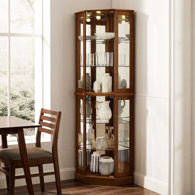 Walnut Curio Cabinet With 6 Shelves, Lights, Mirrored, Adjustable Presentcase Shelf Cabinet, Exhibition