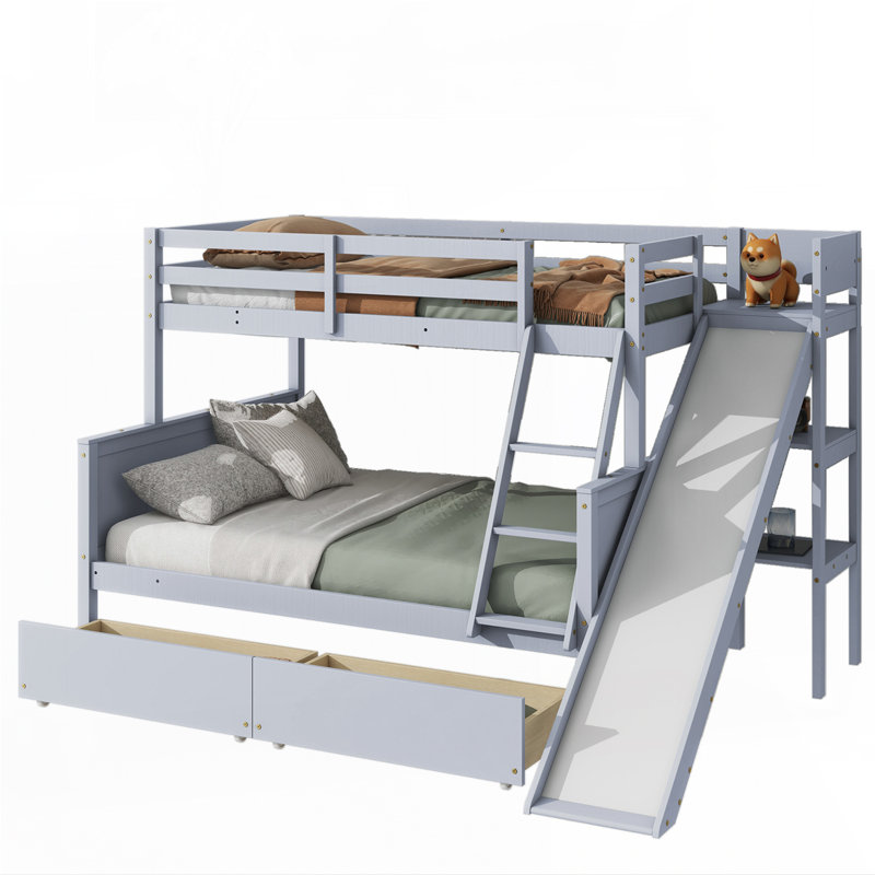 Lit simple superposé au dessus d'un lit double avec 2 tiroirs, gris