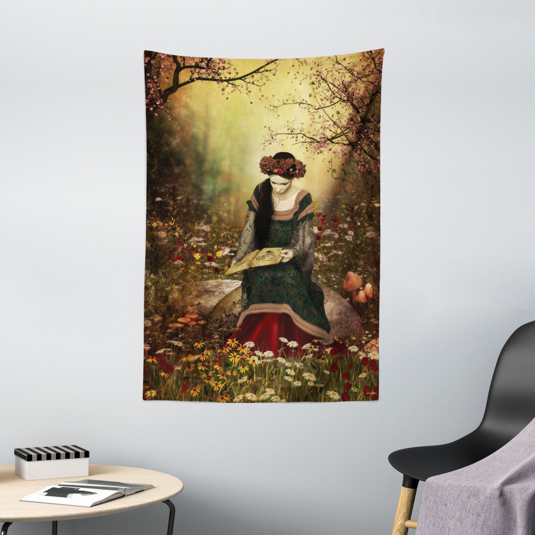 Wandbehang Lady Sitzen auf Stein und Lesen Buch Wald Blumen Gras BÃ¤ume Thema