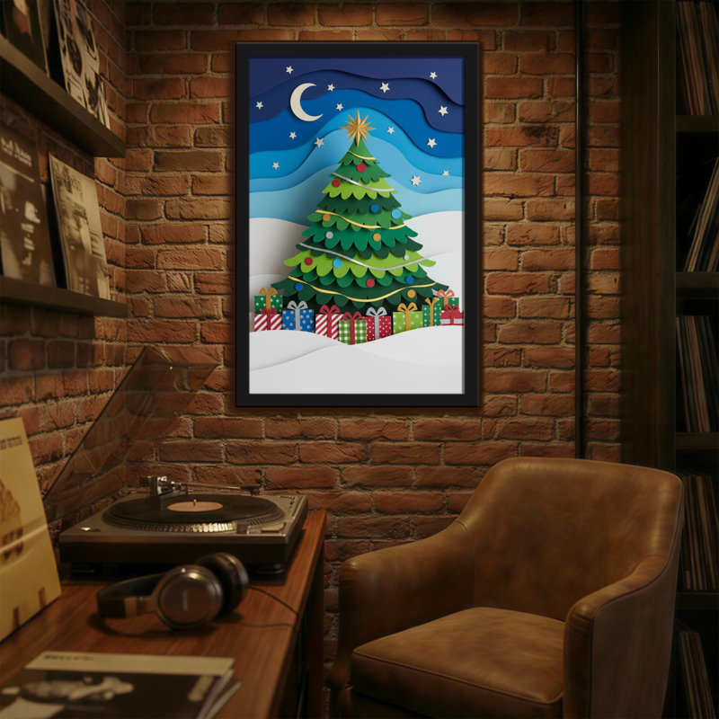 Noël, arbre de Noël, ciel nocturne, étoiles, lune, cadeaux, neige, H 24 po x l 16 po