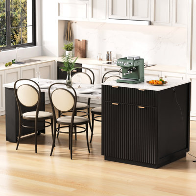 Îlot de cuisine cannelé de 82,6 po avec table coulissante de 51,1 po, rangement double, charnières à fermeture en douceur, poignée en métal doré, table de salle à manger extensible noire pour 4 6 personnes, compartiment de rangement latéral, encastré