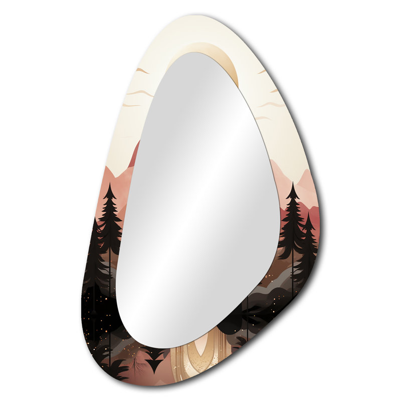 Golden Moon Forest Mountain portail - miroir mural asymétrique paysager, miroir décoratif de forme irrégulière beige, impression d'art en métal