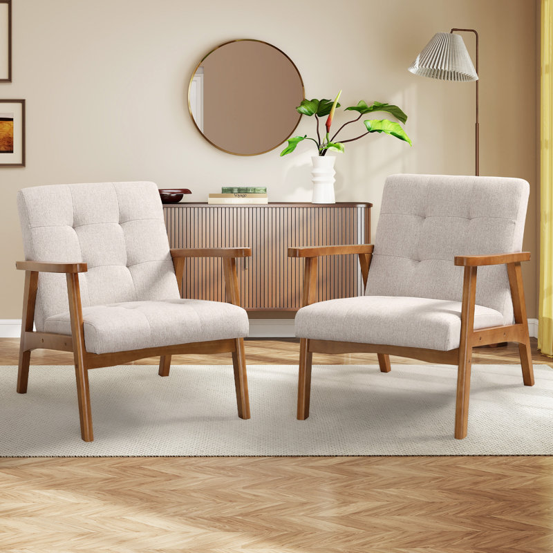 66 cm Wide Modern Design Tufted Accent Armchair with Solid Wood Frame (Set of 2), Beige Linen