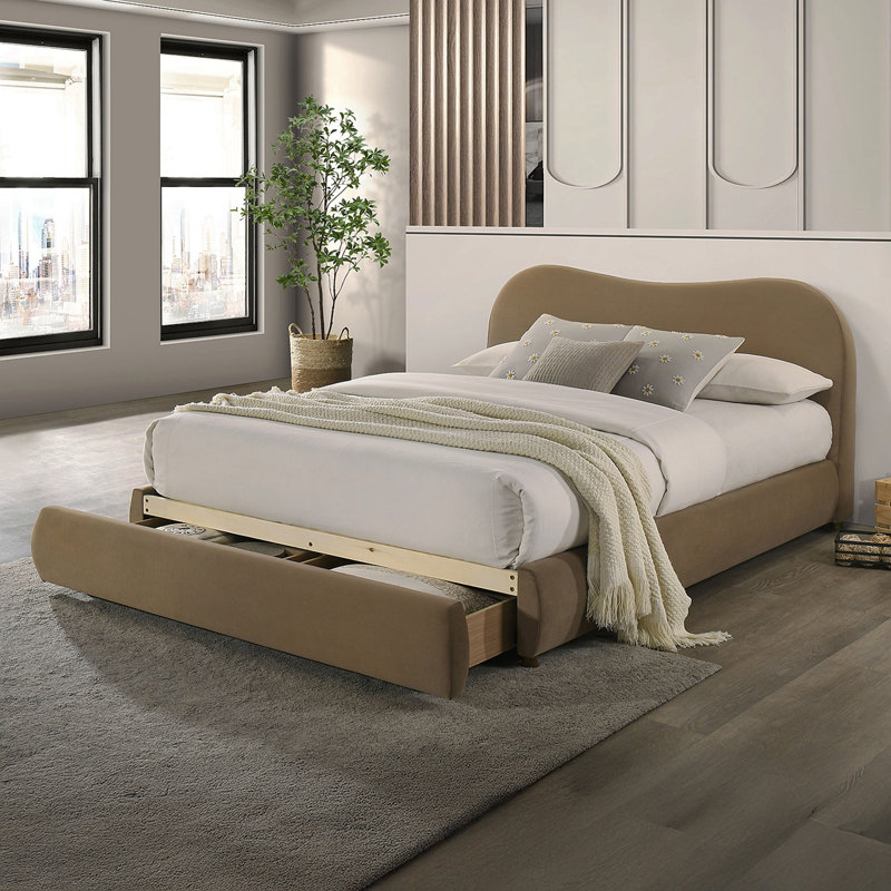 Lit plateforme avec tête de lit tapissier et rangement pour chambre à coucher, Très grand, Brun