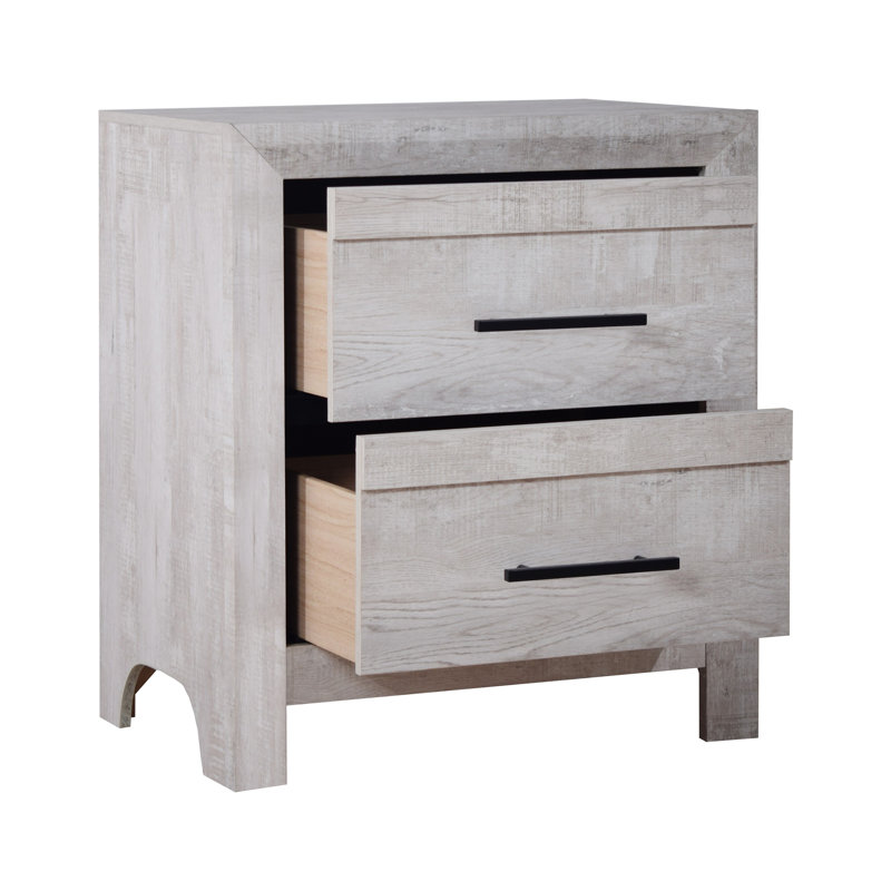 Table de chevet Bisca, 2 tiroirs, poignées noires, bois gris clair, 27 po