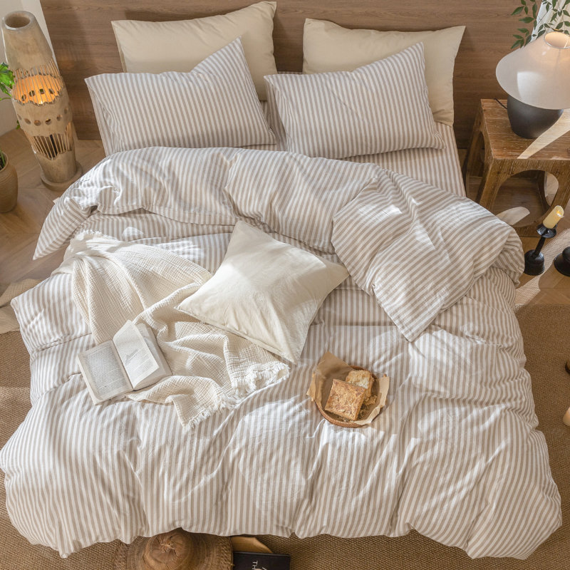 MooMee Striped Duvet Cover Set 100% Washed Cotton Linen Like Textured, Classic Stripes - Tannish Linen Gray/White