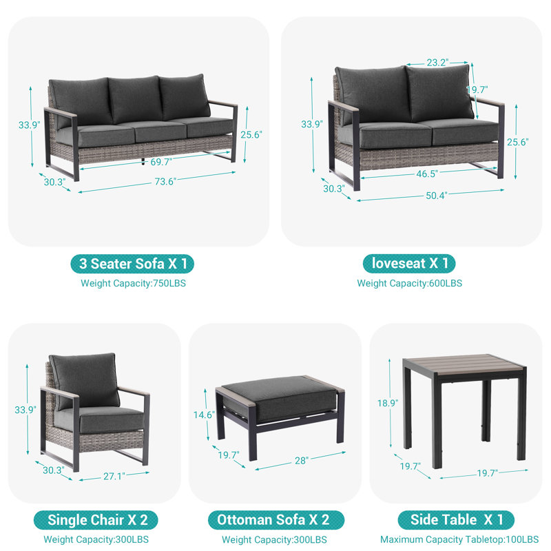 Ensemble de canapé de patio 7 pièces avec table d'appoint, Noir gris