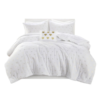 3 Pcs Twin Soft Microlight Comforter With Metallic Print, White Decorative Pillow, Filling, - Heart Throw Microfiber Reverse, Labeled