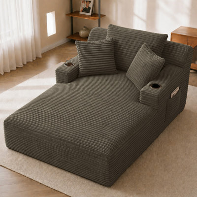 Chaise longue surdimensionnée en velours côtelé 66,1 po, canapé-lit rembourré à siège profond avec porte-gobelets, poches de rangement latérales et 3 coussins, aucun assemblage requis