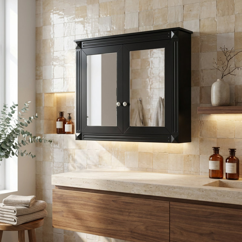 Armoire de toilette murale 36 pouces avec tablettes réglables et portes doubles pour un rangement moderne, Noir