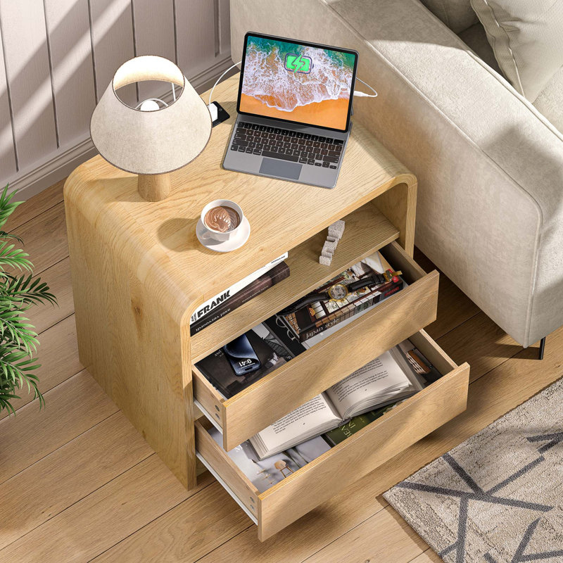 Table de chevet moderne avec station de chargement USB et deux tiroirs, Antique Natural