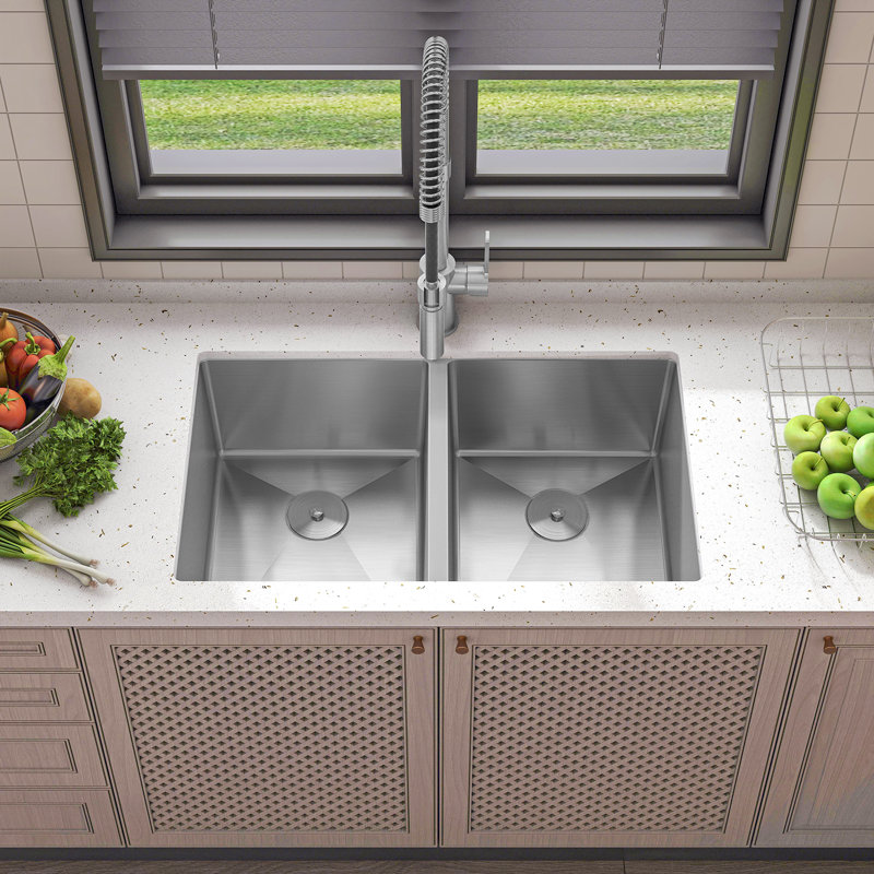 Sinber 32" x 19" Undermount Double Bowl Kitchen Sink with 16 Gauge 304 Stainless Steel Satin Finish