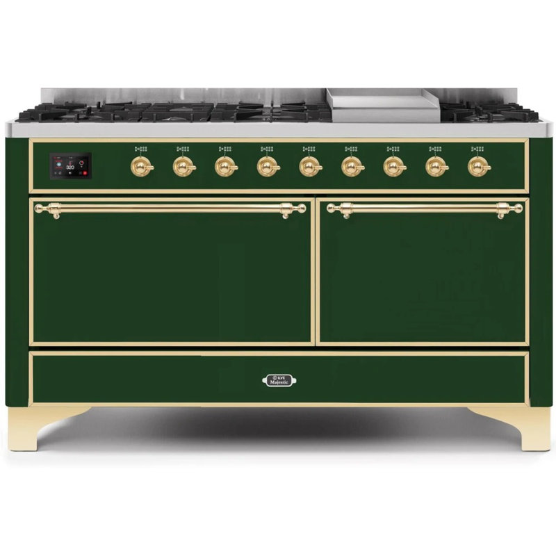 ILVE UM15FDQNS3BKCLP Majestic II 60 inch Dual Fuel Range with 9 Burners, Griddle (Liquid Propane, Solid Door, Glossy Black, Chrome)