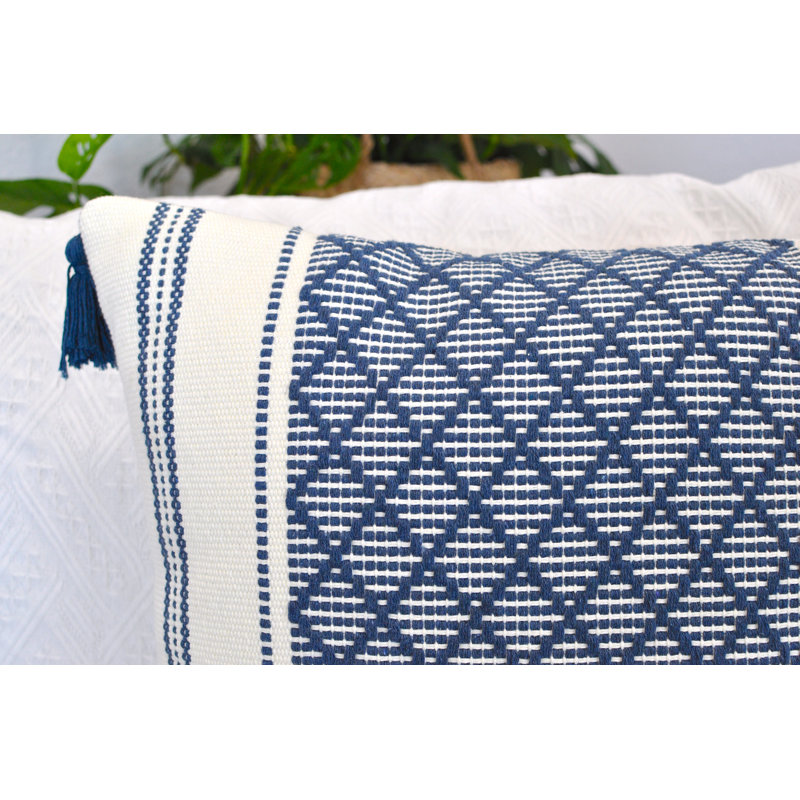 Woven Pillow Covers With Tassels, Geometric Pattern Pillowcases For Outdoor / Indoor (Set of 2), 18" x 18", Blue