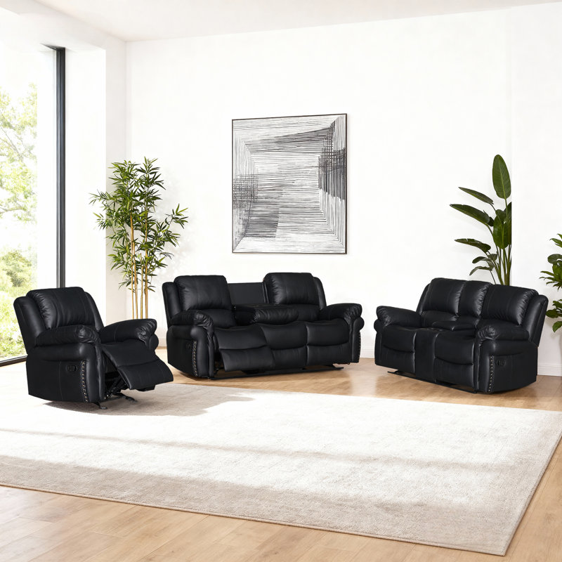 Ensemble de salon inclinable 3 pièces: chaise, 2 places et 3 places avec console, table rabattable et porte-gobelets, Noir