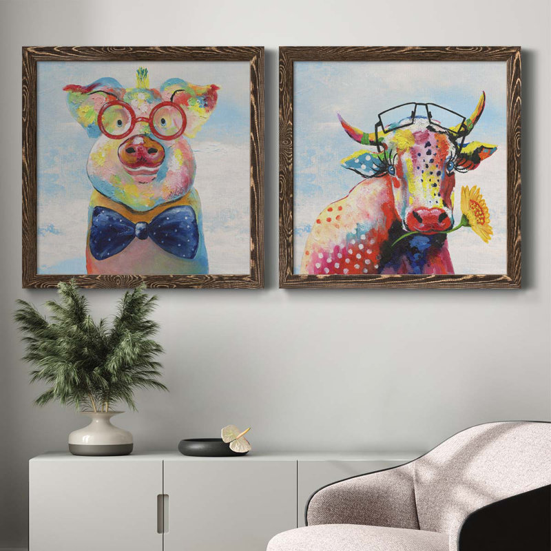 «Groovy Pig And Sky», ensemble de 2 peintures sur toile encadrées, H 31,5 po x l 63 po x P 1,5 po, Encadré de bois de noyer