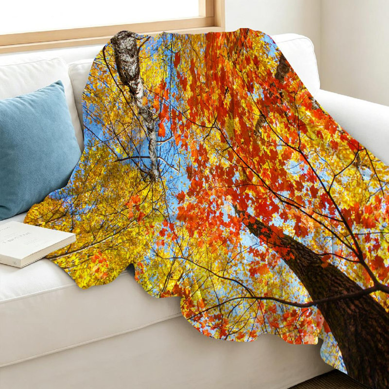 Jeté en flanelle transparente molletonnée, feuilles colorées en automne, imprimé recto, Jeté 40 po x 50 po