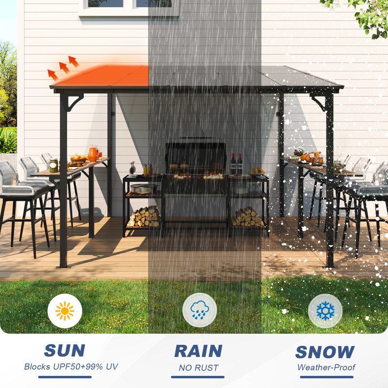Meissalivve 10' X 10' Wall Mounted Gazebo, Outdoor Bbq Grill Gazebo With Side Shelf, Lean To Metal Awnings With Sloped Roof, Heavy Duty Pergola For Backyard, Deck, Black