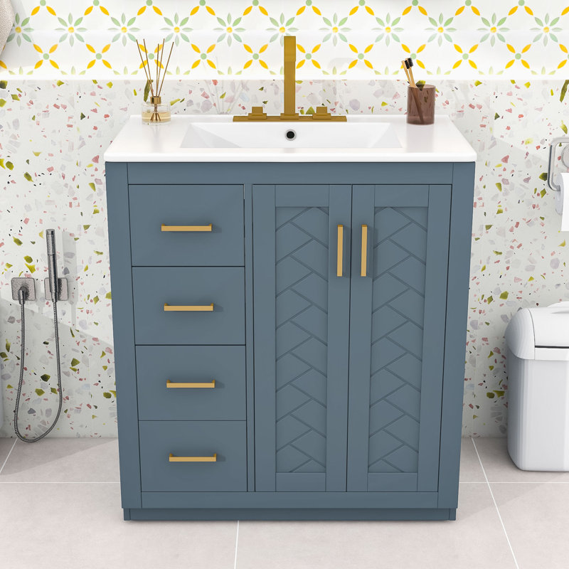 Meuble-lavabo de salle de bain élégant avec lavabo - structure en bois, Bleu