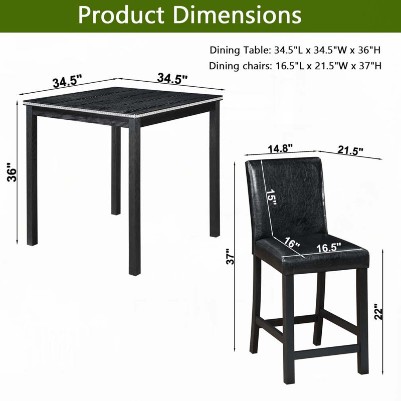 Ensemble de salle à manger Balachandran, Noir, Polyuréthane noir, H 36 po x L 34,5 po x l 34,5 po