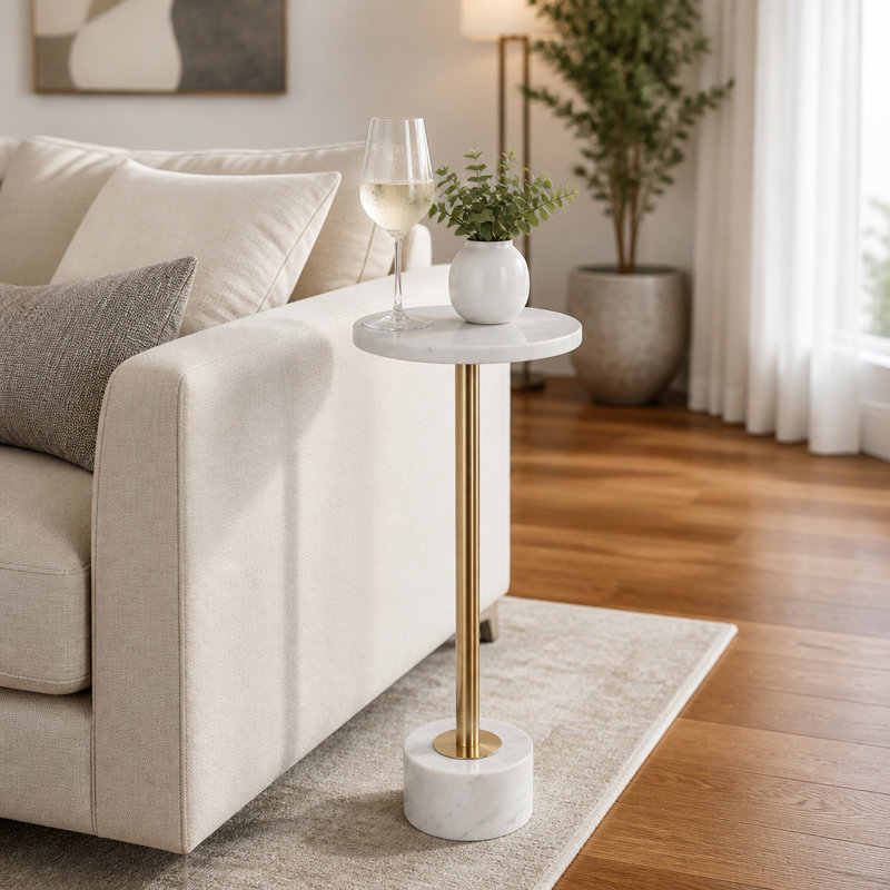 Decorative Round Metal Marble Top Drink Side Table with Pedestal Base for Living Room - Modern Accent Table for Slim Narrow End Table Design - White & Gold