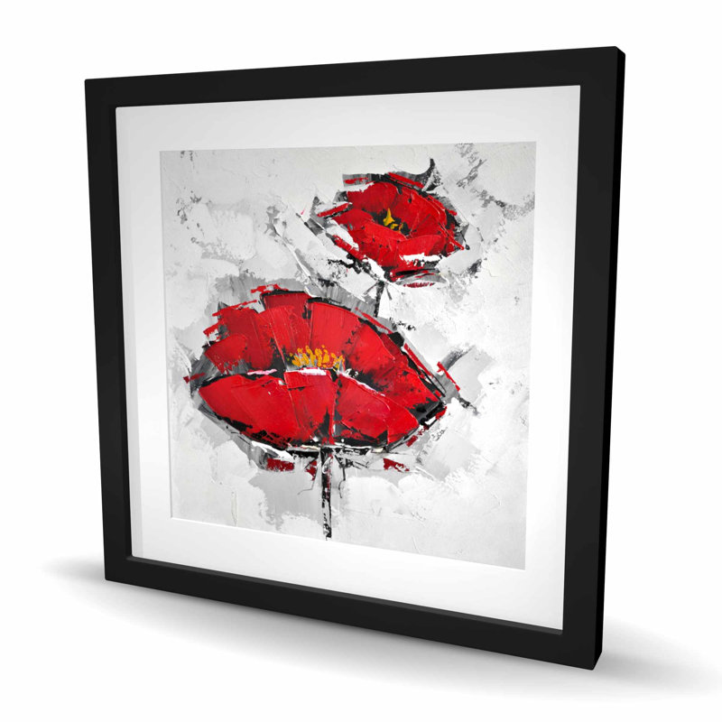 Coquelicots rouges texturés - impression florale encadrée botanique, Noir, H 24 po x l 24 po
