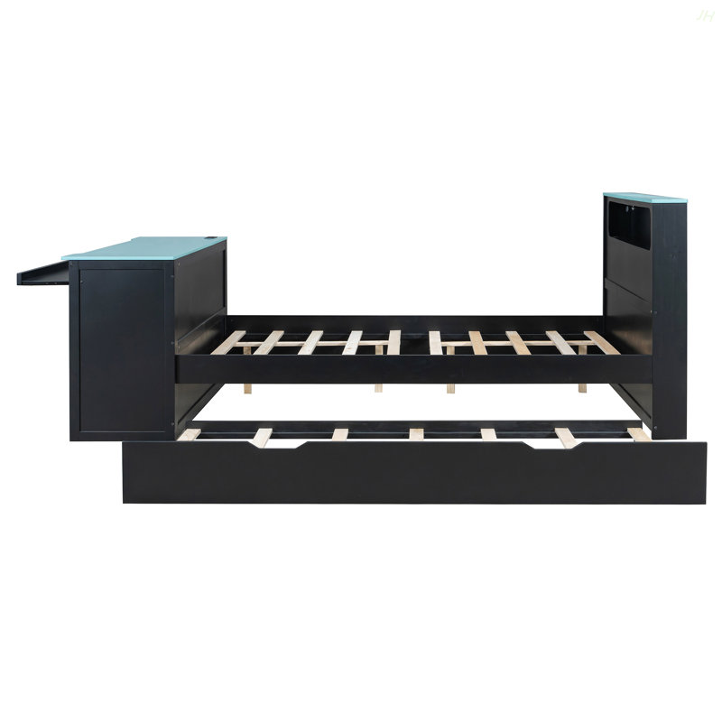 Wood Daybed With Twin Size Trundle,Desk,LED Light And USB, Black/Blue