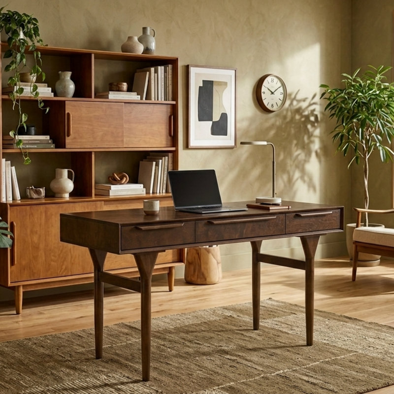 Bureau Farrington de style moderne du milieu du siècle, en bois massif, de 60 pouces de large, avec station de recharge et 3 tiroirs de rangement