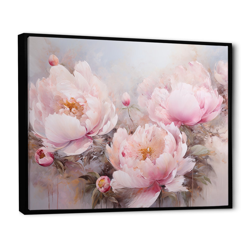 Pivoines roses, art liquide, champ de fleurs VI - Art mural champ de fleurs, Cadre flottant noir, H 24 po x l 32 po x P 1 po