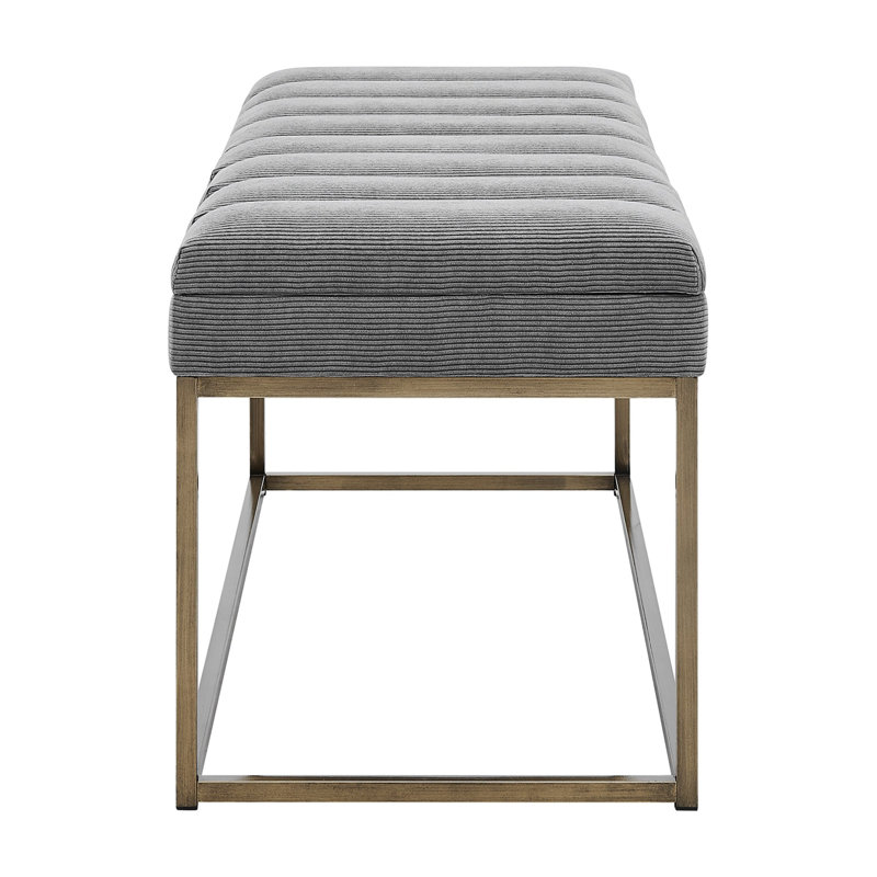 Light Gray Polyester Upholstered Bench with Brushed Gold Steel Base