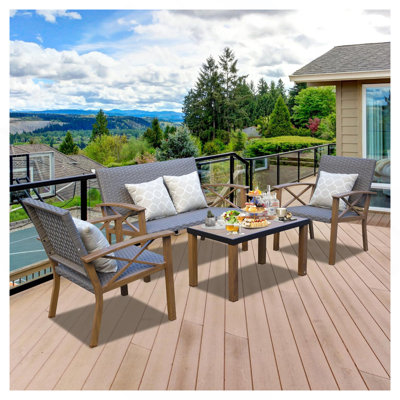 Ensemble de mobilier de patio en aluminium, ensemble de conversation moderne 4 pièces avec dossiers et sièges rembourrés en coton, ensemble de canapé modulaire extérieur en métal avec coussin de 5,5 pouces et table basse pour balcon, jardin