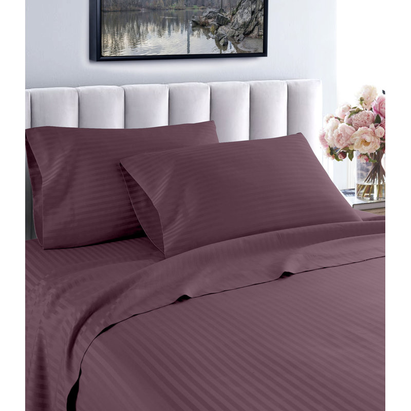 Fresh Home 1000 Thread Count Egyptian Quality Cotton Deep Pocket Dobby Stripe Sheet Set, Twin, Plum