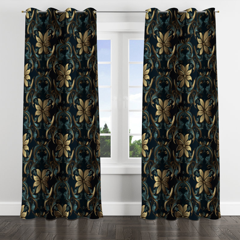 Or et bleu Luxury Damask Symphony I - Rideau occultant avec œillets Bohemian - 1 panneau, L 52 po x L 108 po, Œillets dorés